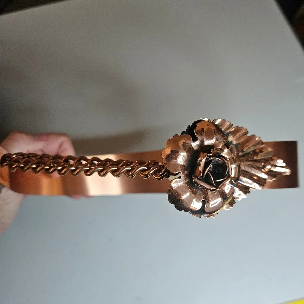 Vintage Renoir Copper Belt Floral Rose Chain Rigid Metal Mid Century Modern XS